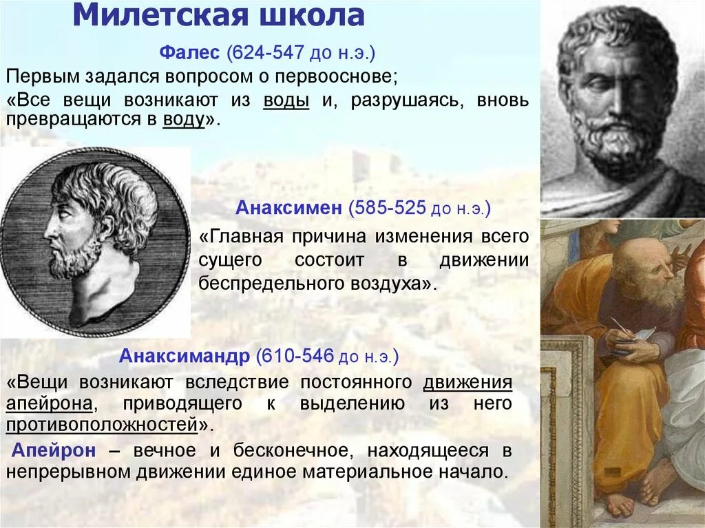 Фалес Анаксимандр Анаксимен. Милетская школа Фалес Анаксимандр Анаксимен. Натурфилософские учения милетской школы Фалес Анаксимандр Анаксимен. - Милетская школа (Фалес, Анаксимандр, Анаксимен).кратко. Представители милетской школы выдвинули проблему