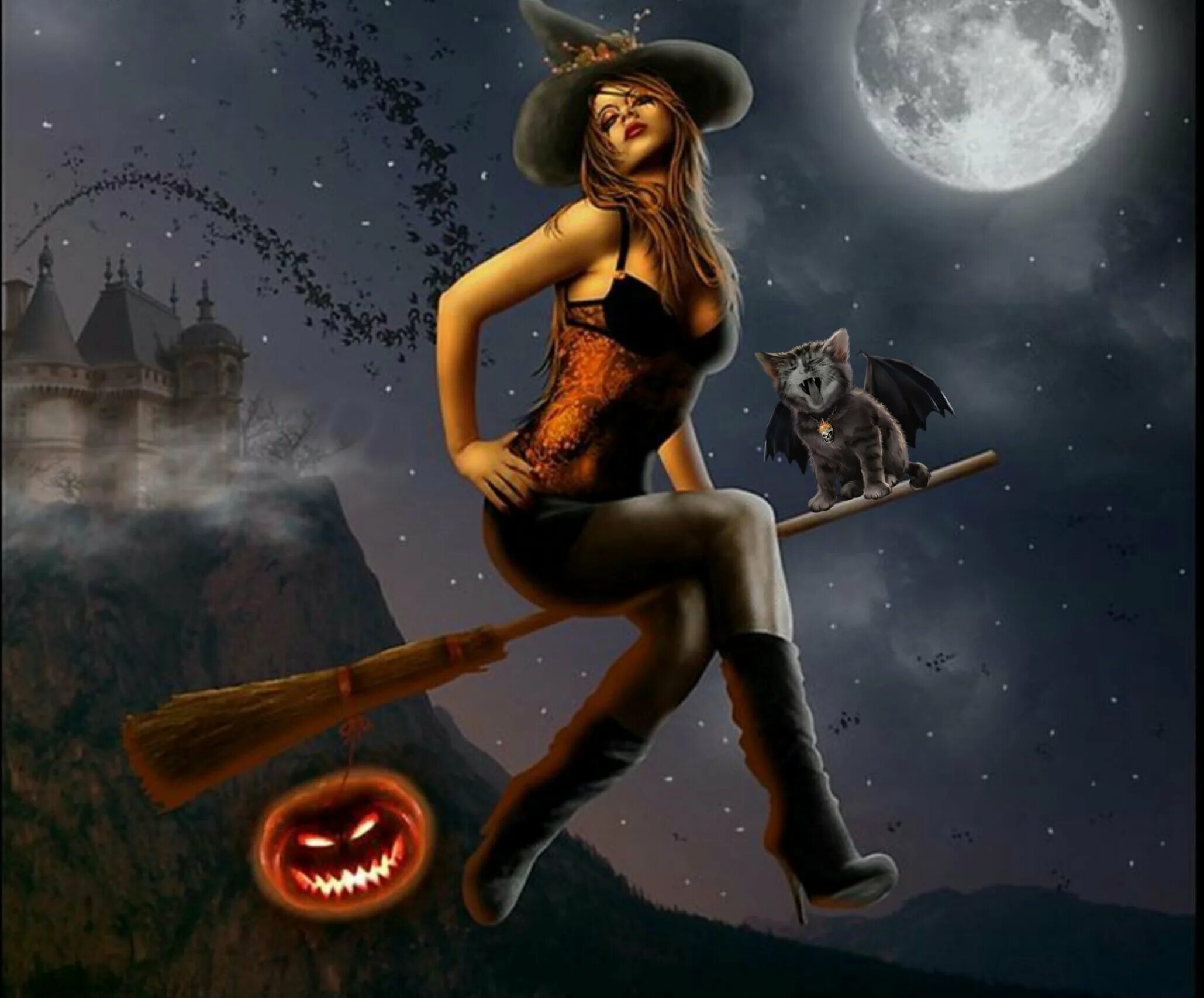 Хэллоуин ведьмочка на метле. Баба яга лесбиянка