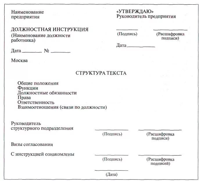 Должностные инструкции сотрудников организации. Должностная инструкция образец заполненный. Бланк должностной инструкции. Структура типовой должностной инструкции сотрудника. Организационный документ должностная инструкция