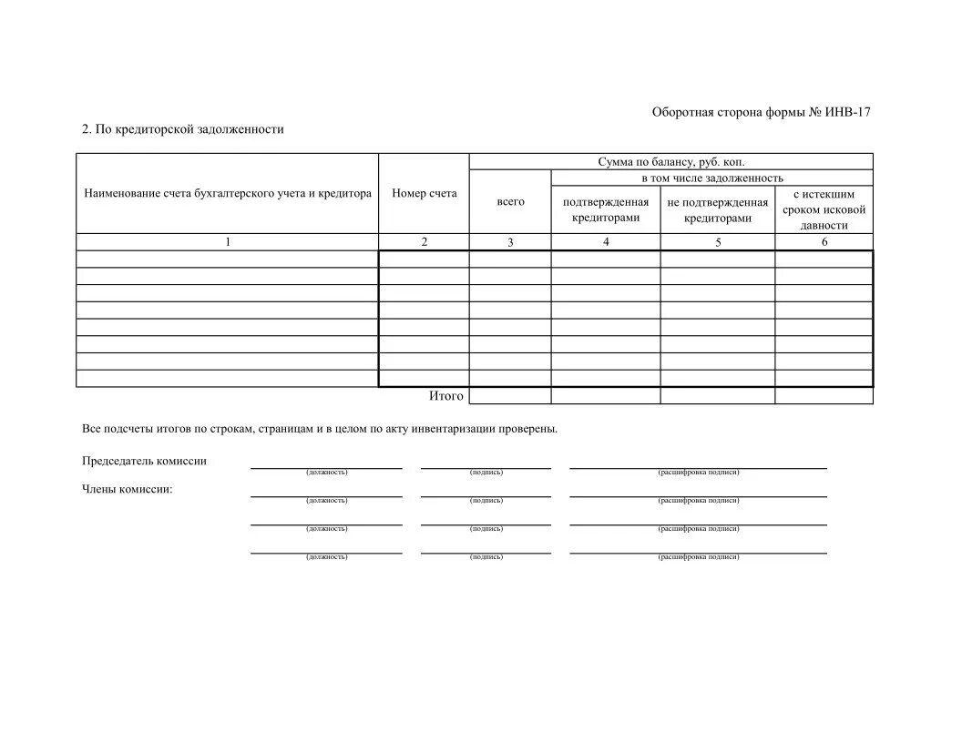 Инвентаризация инв 17. Оборотная сторона формы инв 17. Акт инвентаризации форма инв-17. Протокол к инвентаризации дебиторской и кредиторской задолженности. Акт инвентаризации кредиторской задолженности образец.