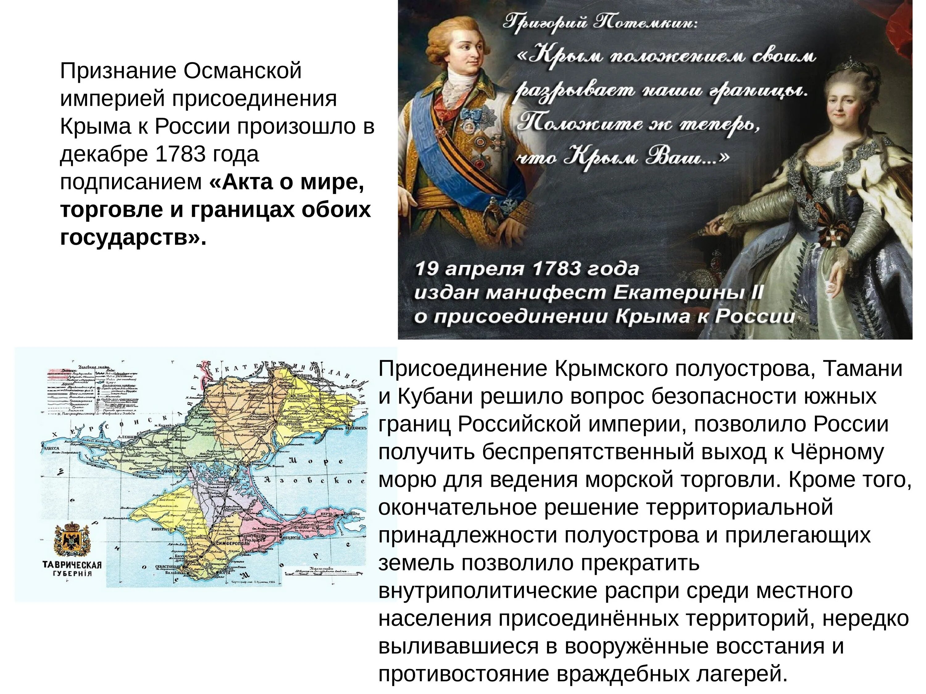 Дата присоединения крыма к российской империи. Принятие Крыма Тамани и Кубани в состав Российской империи 1783 год. Присоединение Крыма Тамани и Кубани к Российской империи. Присоединение Крыма к Российской империи 1783.