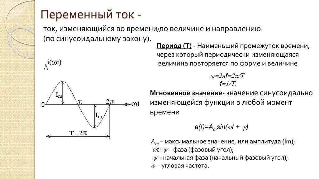 Период частота и амплитуда переменного тока. Основные параметры переменного тока формулы. Как определить период тока. Переменный ток характеристики переменного тока. Преобразование частоты переменного