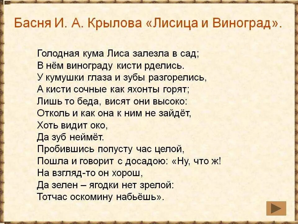 Крылов басни кум. Басня Крылова лисица и виноград текст. Лиса и виноград басня Крылова текст. Лисица и виноград басня Крылова слова. Басня лисица и виноград Крылов текст.