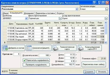 Калькулятор расчет блюд