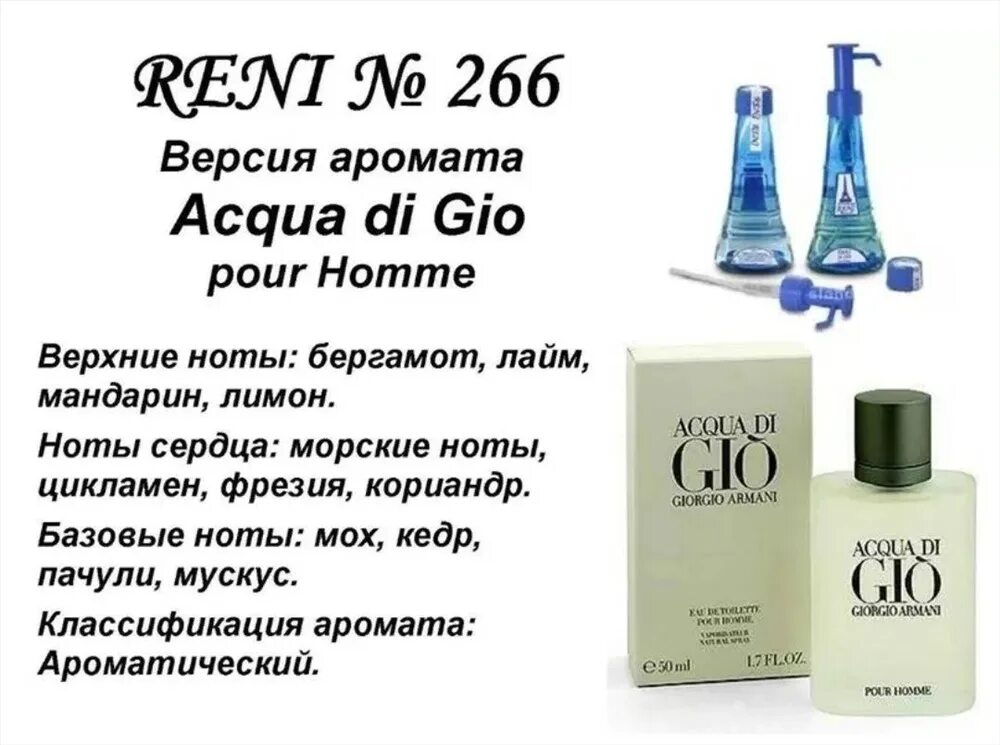 Духи Reni мужские 266 версия аромата 266 acqua di gio (Giorgio Armani). Reni 266 аромат направления acqua di gio (Giorgio Armani). Acqua di gio (Giorgio Armani) 100мл Рени. Reni наливная парфюмерия 266.