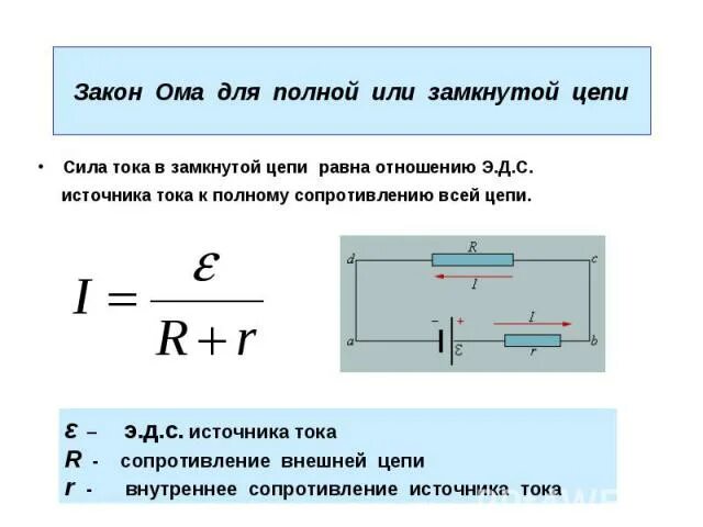 Как определить сопротивление замкнутой цепи. Формула ЭДС для замкнутой цепи. Закон Ома для участка цепи и замкнутой цепи. Формула сопротивления в замкнутой цепи. Обобщенный закон Ома для замкнутого контура.