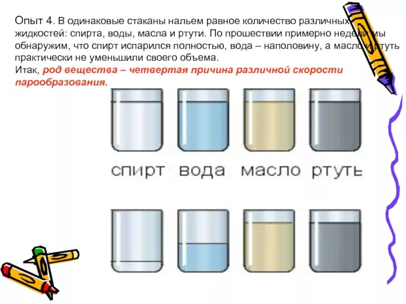 Испарение разных жидкостей. Испарение воды и спирта. Опыт смешивание воды и масла. Почему вода испаряется быстрее. Четыре одинаковых стакана заполнили разными жидкостями