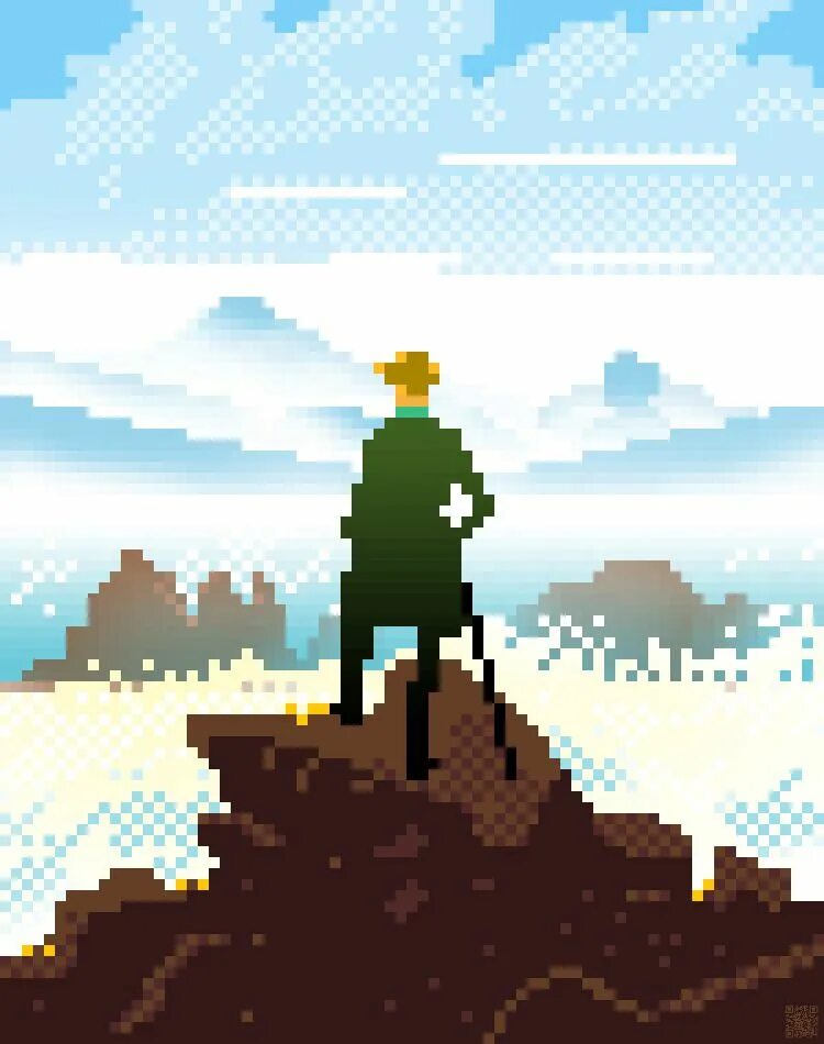 The man from fog minecraft на телефон. Странник над морем тумана. Известные картины в пикселях. Пиксель арт Странник.