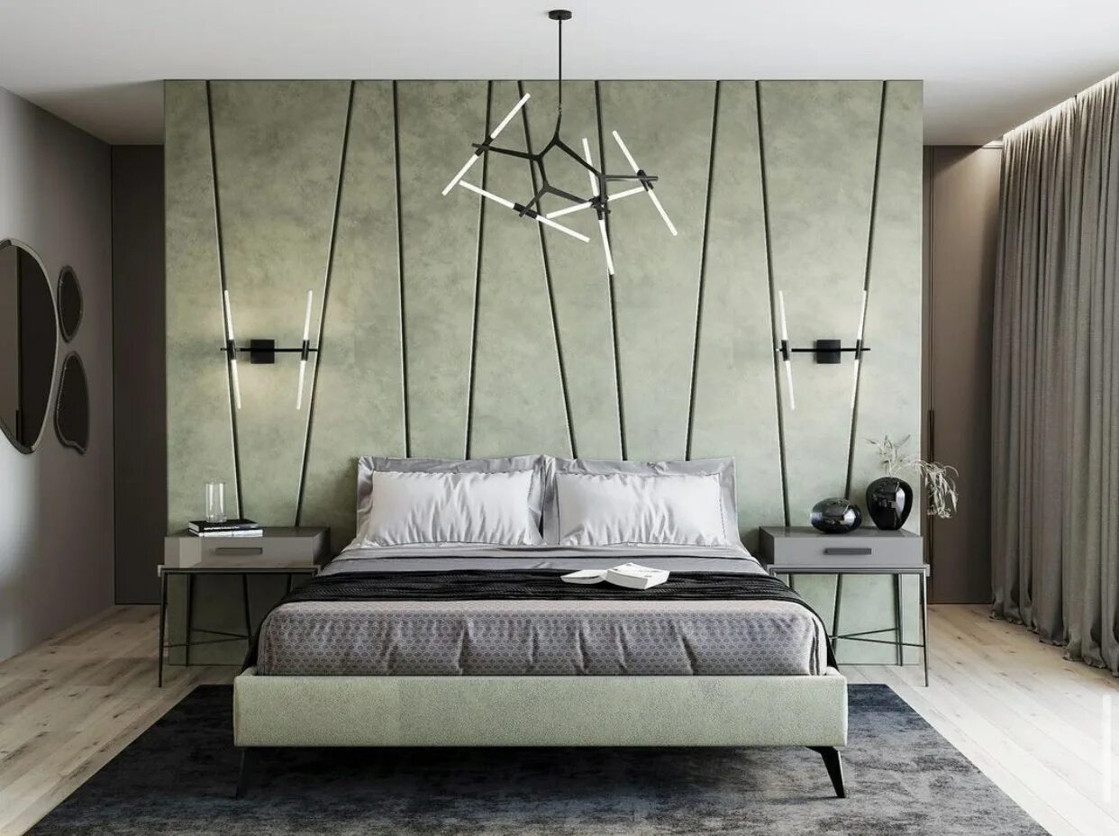 Спальня в соломенном стиле. Дизайнерская спальня. Стеновые панели для спальни. Современные тренды в интерьере. Кровать с панелью в изголовье.