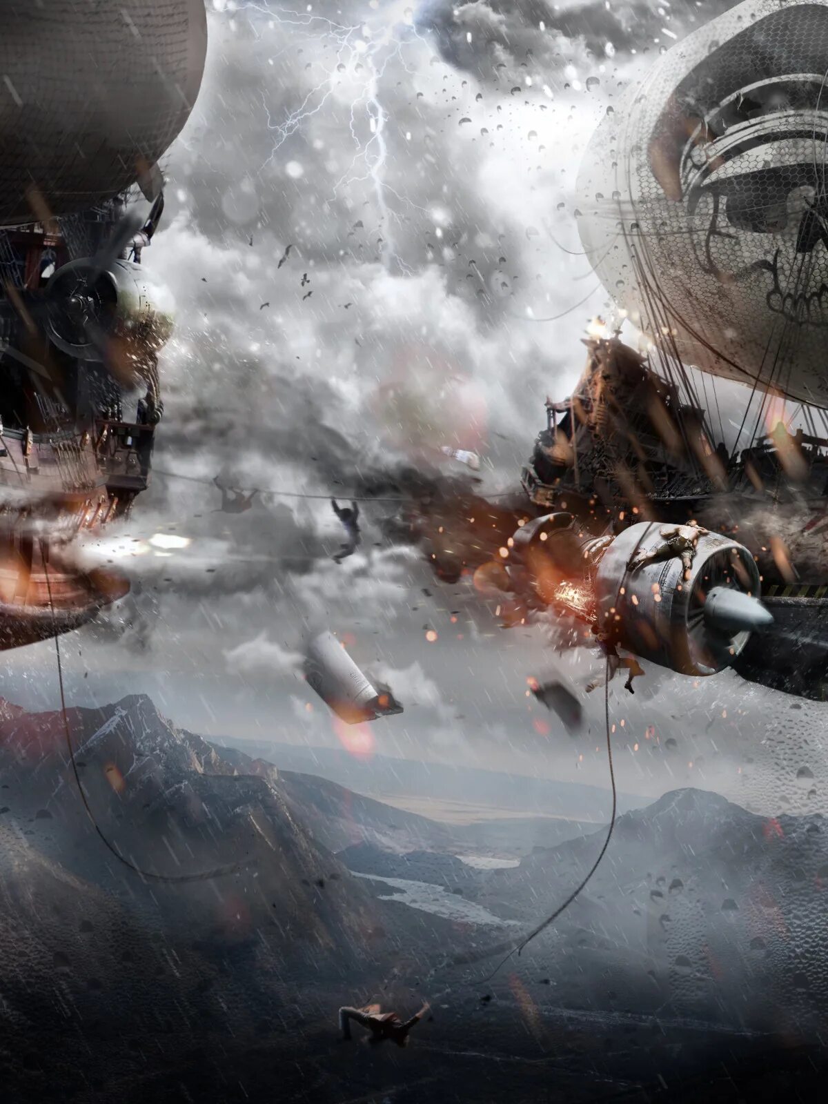 прыжок из самолета. стимпанк жюль верн дирижабль. летающие бои. воздушный бой. пиратский корабль.