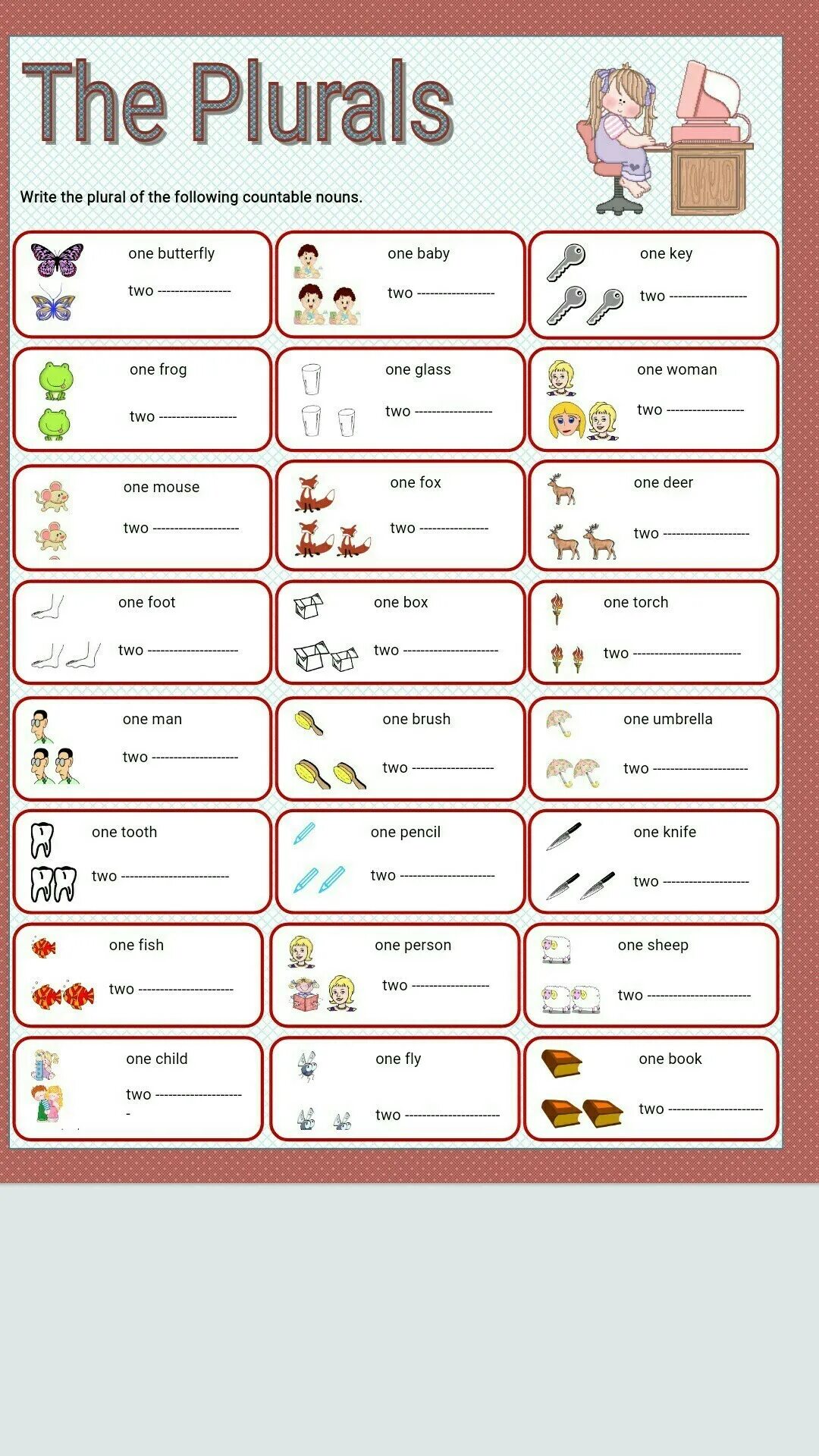 Write the plural mouse. Множественное число существительных в английском worksheets. plurals test  класс.