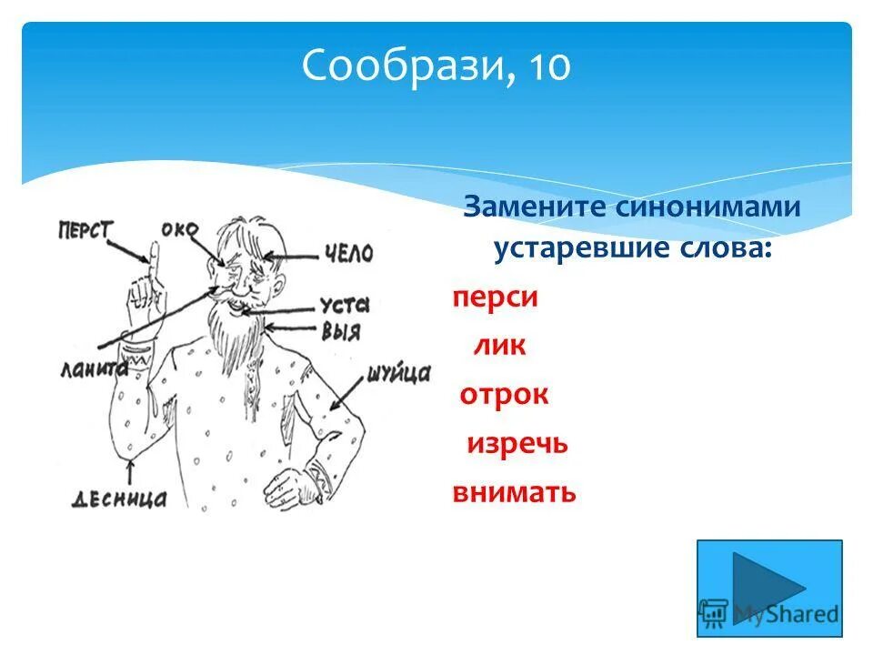 Подбери синонимы к устаревшим словам