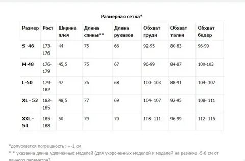 Размерная сетка зимних