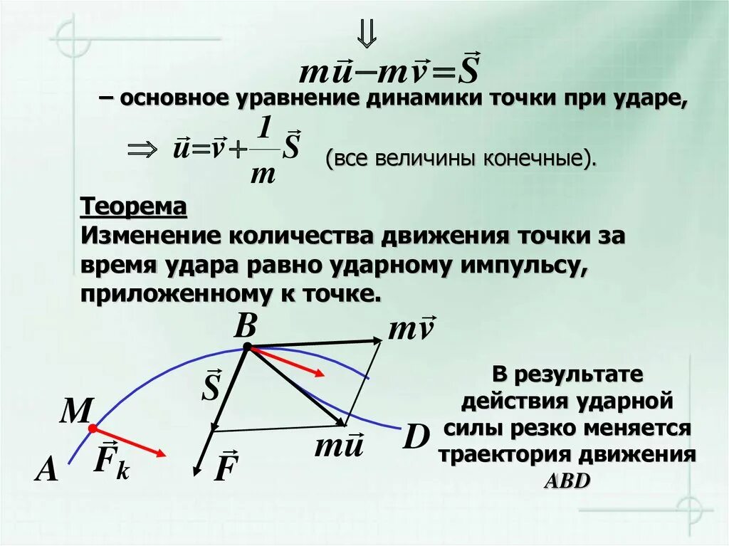 Теорема об изменении количества движения при ударе. Теорема об изменении количества движения системы при ударе. Основное уравнение теории удара. Основное уравнение динамики точки.