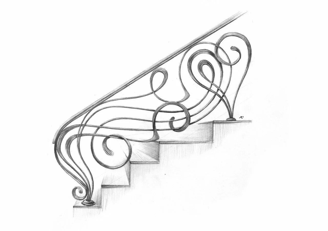 На рисунке схематично изображены перила лестницы. Перила в стиле Модерн. Кованые узоры на лестницу. Узоры на перила. Кованые перила.