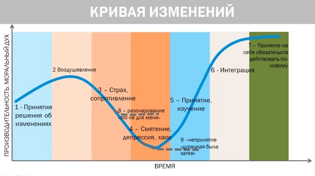 Стадии принятия изменений. Кривая изменений. Этапы сопротивления изменениям. Стадии принятия перемен. Причины управления изменениями