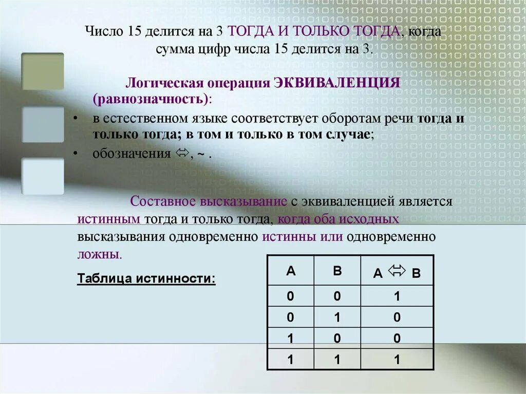 Число 6 делится на 15. Логическое выражение тогда и только тогда. Сумма цифр числа делится на 3. Логика высказываний тогда и только тогда. Логическая операция эквиваленция.