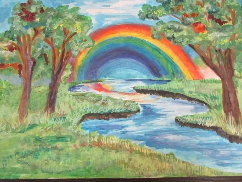 Рисунок на тему природа. Пейзаж детский рисунок. Летний пейзаж для детей. Пейзаж с радугой.