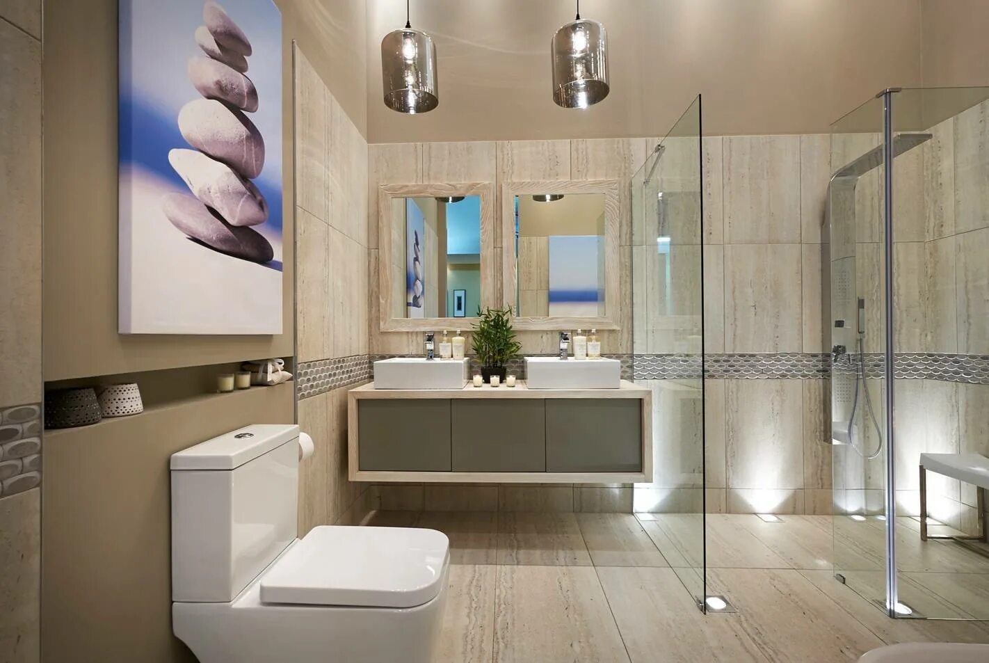Интерьер ванной. Современная ванная. Дизайнерские решения для ванной комнаты. Стильная ванная комната. Современная совмещенная ванна