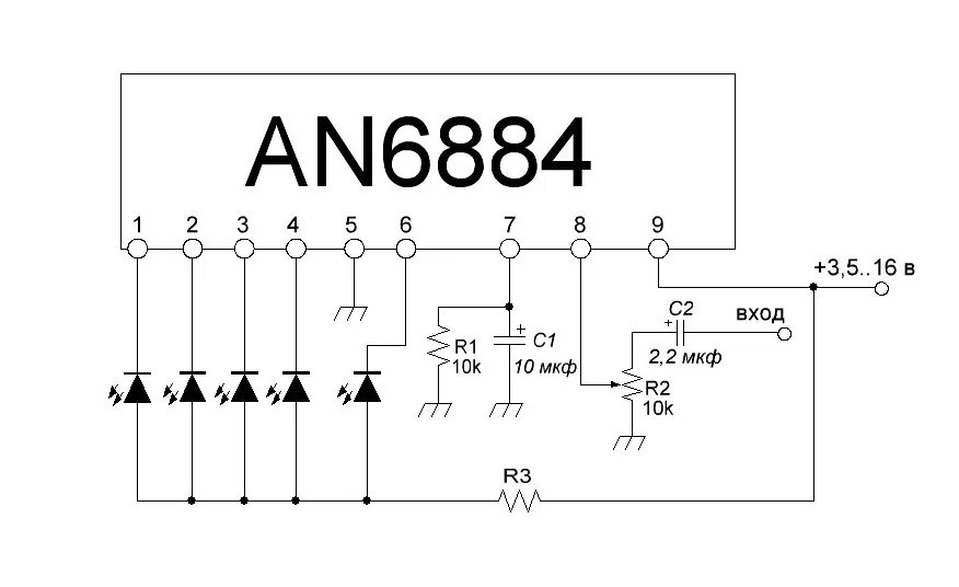 Схема индикатора уровня сигнала на an6884. Светодиодный индикатор уровня сигнала an6884. Светодиодные индикаторы уровня на микросхемах an 6884. Схема светодиодного индикатора уровня сигнала на an6884. Схема светодиодного индикатора