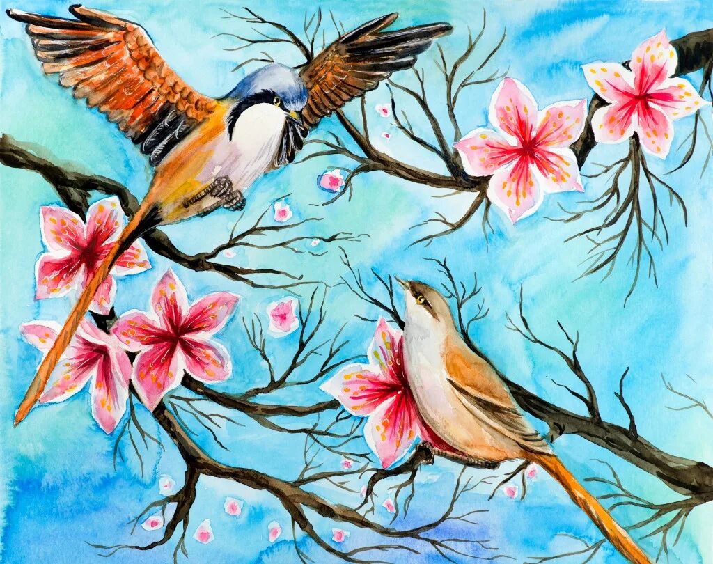 Весенние птицы рисунок. Птица рисунок. Весенние рисунки акварелью. Рисование весенних птиц. Птицы на цветущей ветке живопись.