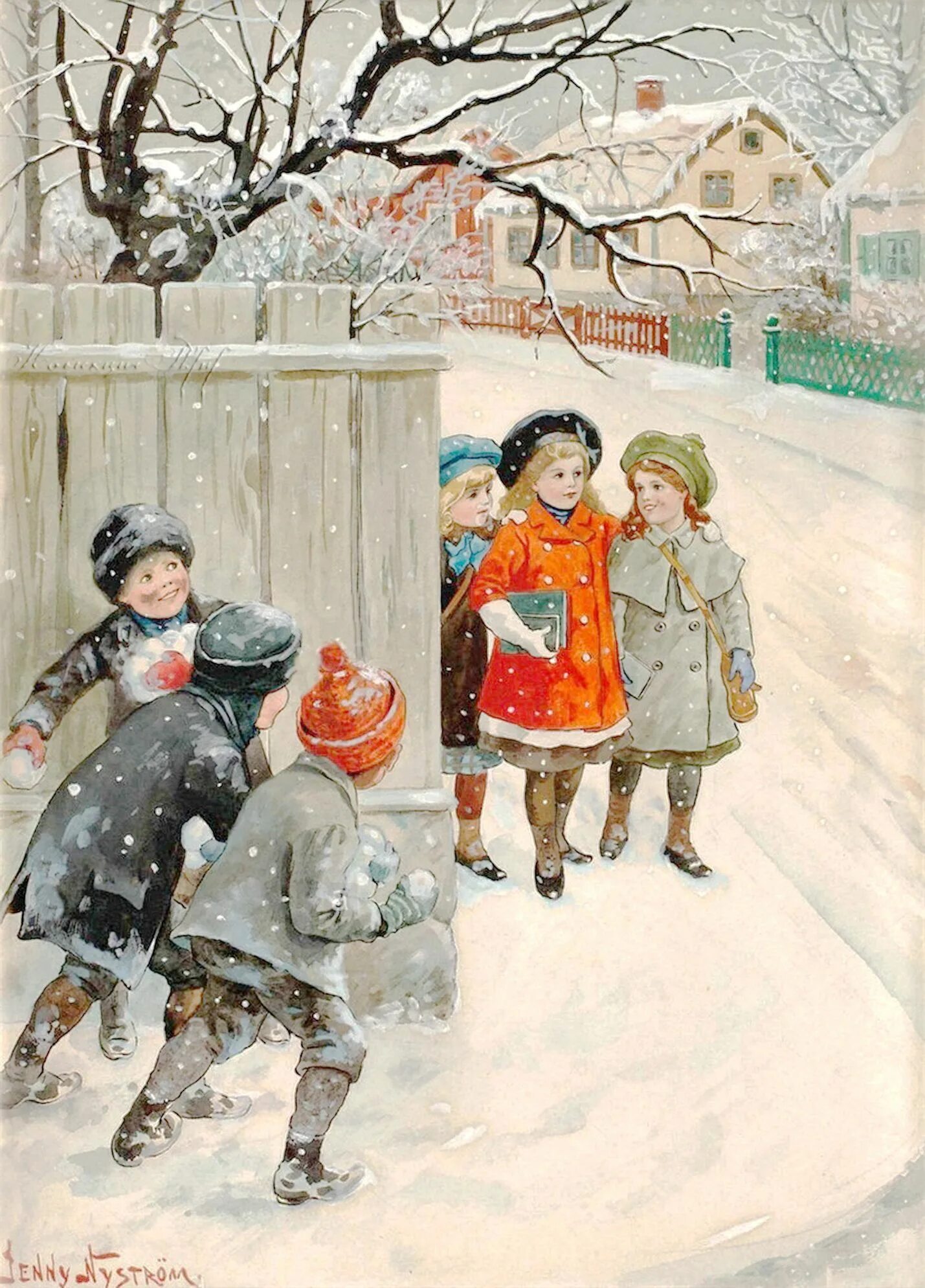 Обрадованная детвора. Jenny Nystrom художник. Jenny Eugenia Nyström. Дженни Нистрем Рождественские открытки. Дети зимой.
