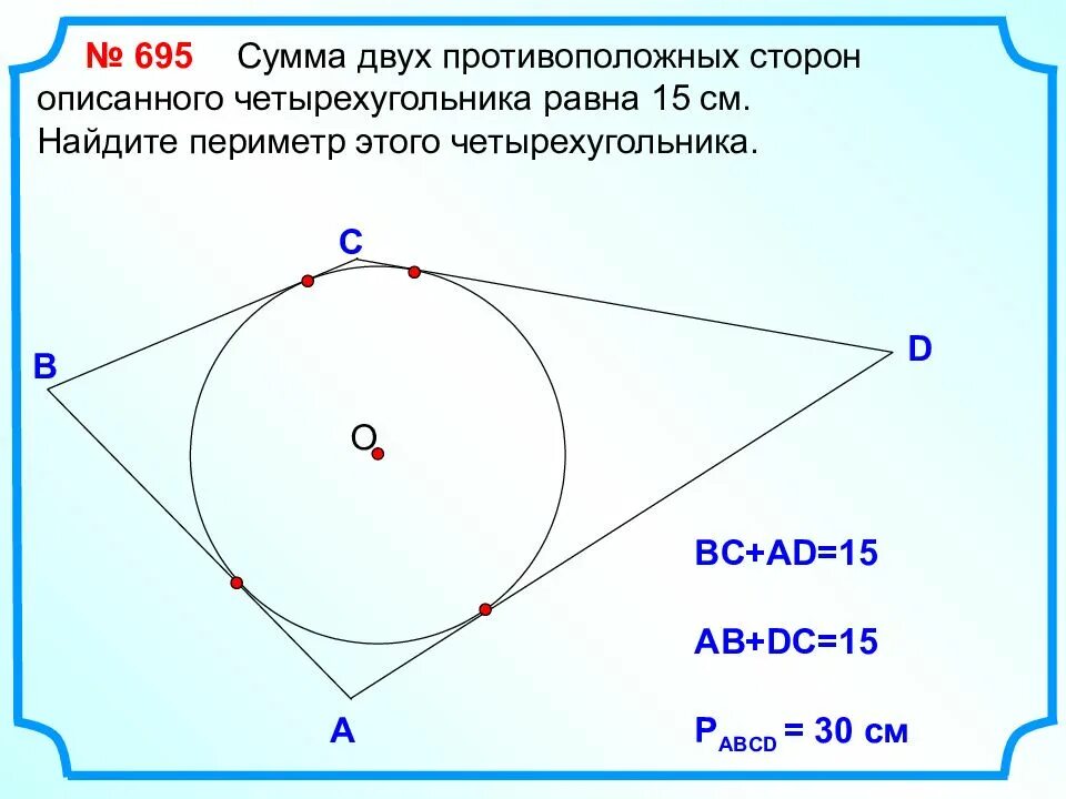 Вписанная окружность 8 класс атанасян презентация. Сумма двух противоположных сторон описанного четырехугольника. Сумма двух противоположных сторон описанного четырехугольника равна. Сумма противоположных сторон описаного четырёхугольника равны. Сумма противоположных сторон описанного четырехугольника.