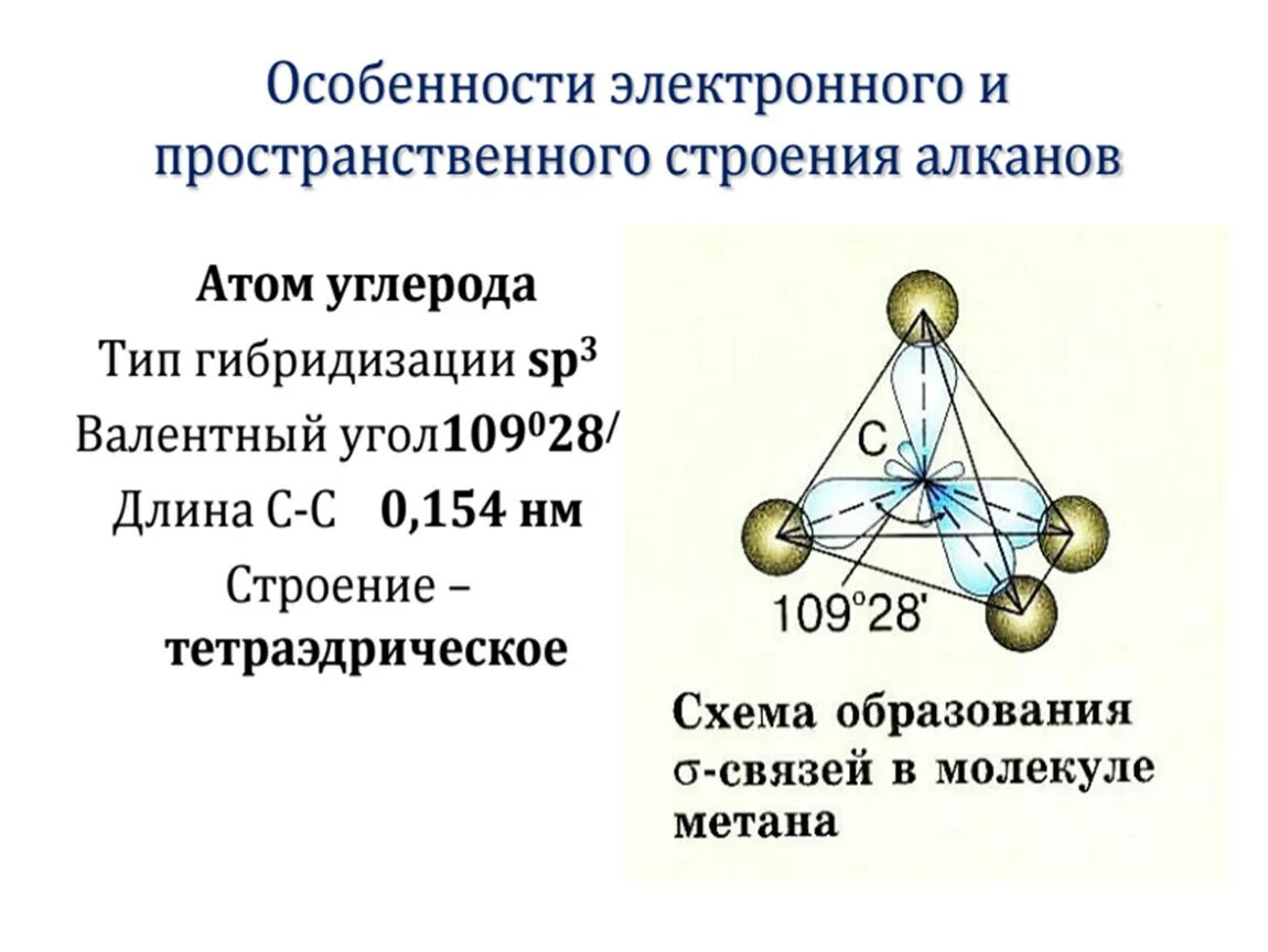 Алканы метан молекула. Алканы пространственное строение молекулы. Электронное строение молекул алканов. Строение алканов Тип гибридизации. Алканы имеют строение