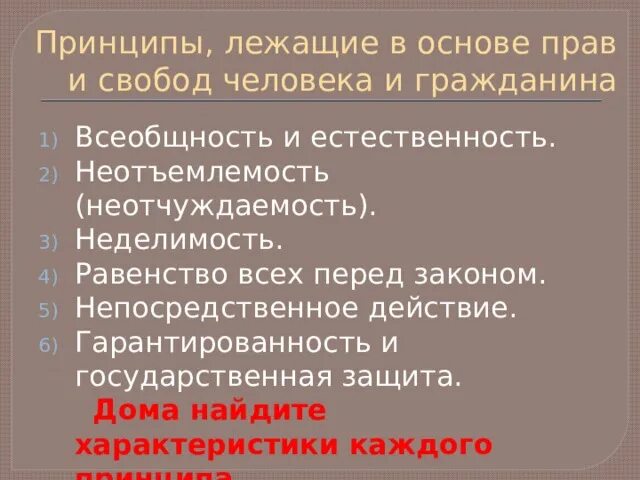 Что означает принцип неделимости человека. Принципы прав и свобод личности. Принципы прав и свобод человека и гражданина. Принципы лежащие прав и свобод. Принцип равенства прав и свобод человека.