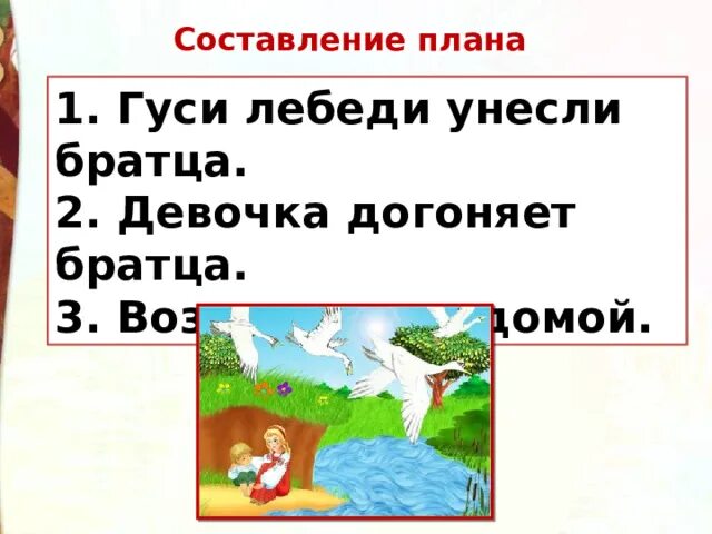 План сказки гуси лебеди 1 класс. План сказки гуси лебеди. Составить план к сказке гуси лебеди. План сказки гуси лебеди для 2 класса. План текста к сказке гуси лебеди.