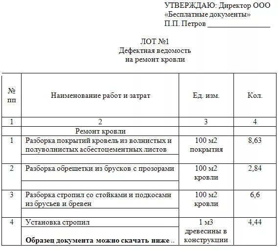 Дефектная ведомость на ремонт помещения