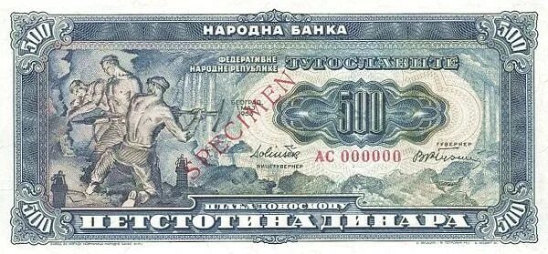 Югославия 1953. 500 Динаров 1953 Югославия. Старинные банкноты Югославии. Деньги Югославии.