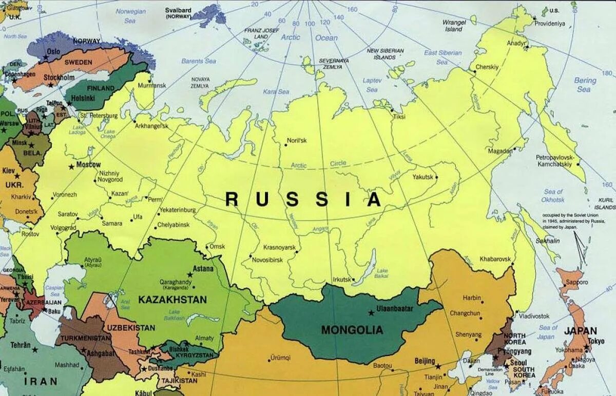 Крупная часть территории страны 4. Страны граничащие с РФ на карте России. Карта России с границами.