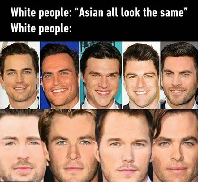 Одинаковые в тоже время разные. Европейцы одинаковые. Одинаковые лица. Все европейцы на одно лицо. Азиаты на одно лицо.