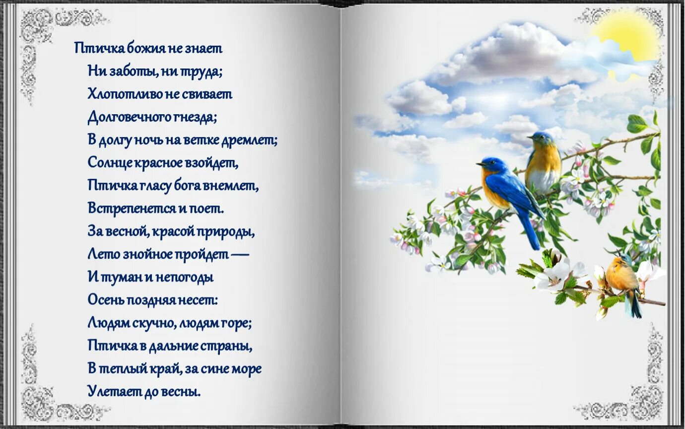 Бунин стих птица. Стих Пушкина птичка Божия. Птичка Божия не знает. Птичка Божья не знает ни заботы. Стихотворение Пушкина птичка.