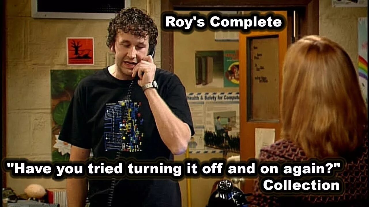 Have you tried turning it off and on again. It crowd вы пробовали выключить и включить. Компьютерщики выключить и включить. It crowd have you tried turning it off and on again.