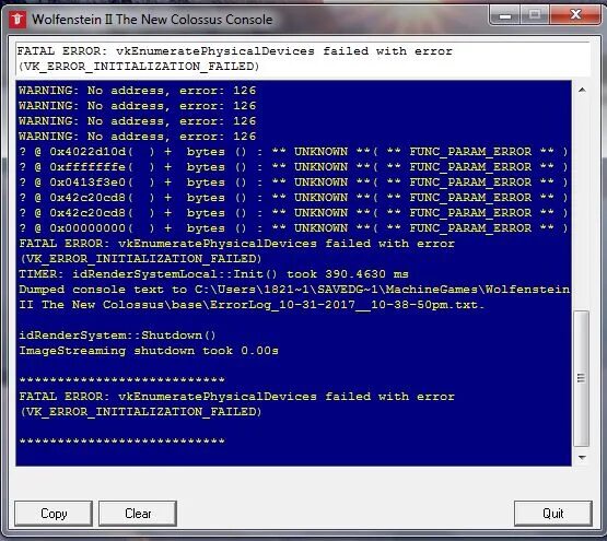 Failed with error code 1 python. Ошибка Wolfenstein 2 the New Colossus. Ошибка ВК err failed. Синий экран вольфенштайн 2.