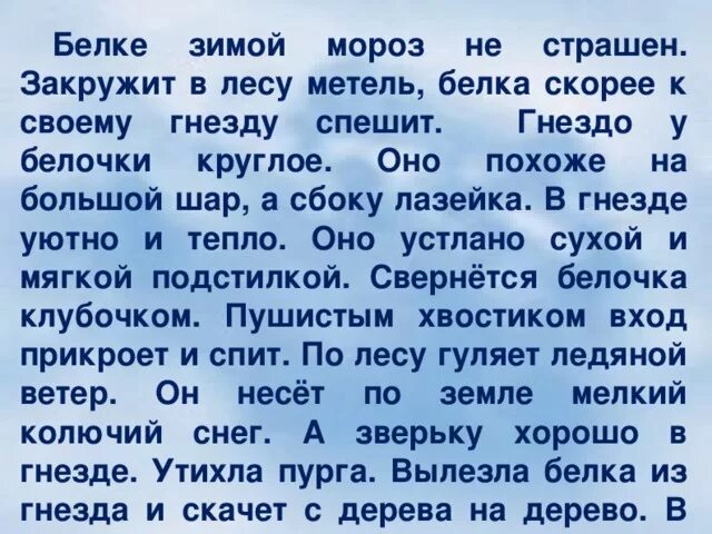 Текст белка 4 класс впр. Белке зимой Мороз не страшен. Как зимует белка изложение. Изложение белка. Бклуе зимой Мороз не страшен.