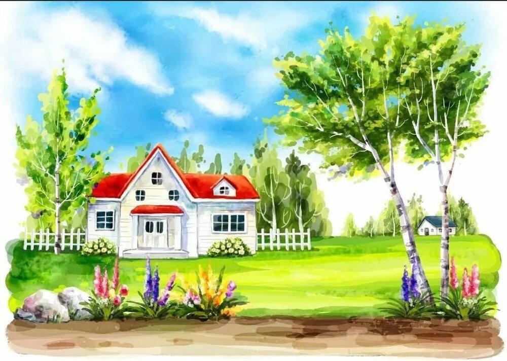 Весенний пейзаж с домиком. Летний пейзаж с домиком. Природа рисунок для детей. Домик рисунок.