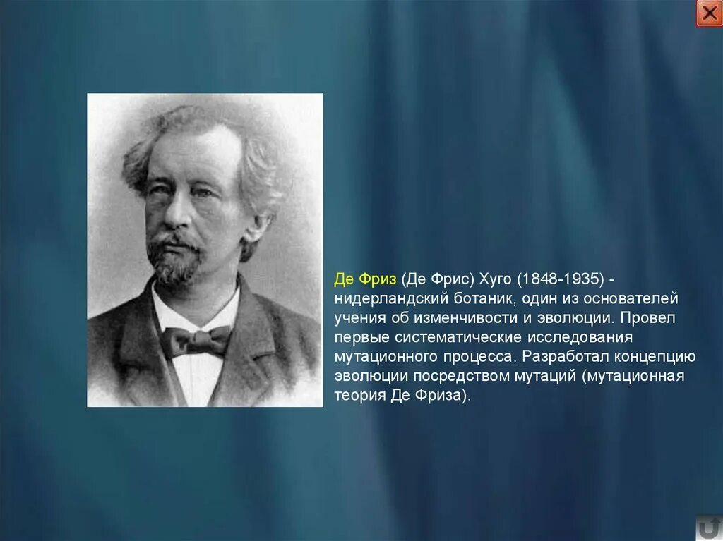 Х де фриз. Хуго де фриз. Хуго де фриз (1848 – 1935) - голландский ученый. Хуго де фриз нидерландский ботаник. Мутационная теория де Фриза.