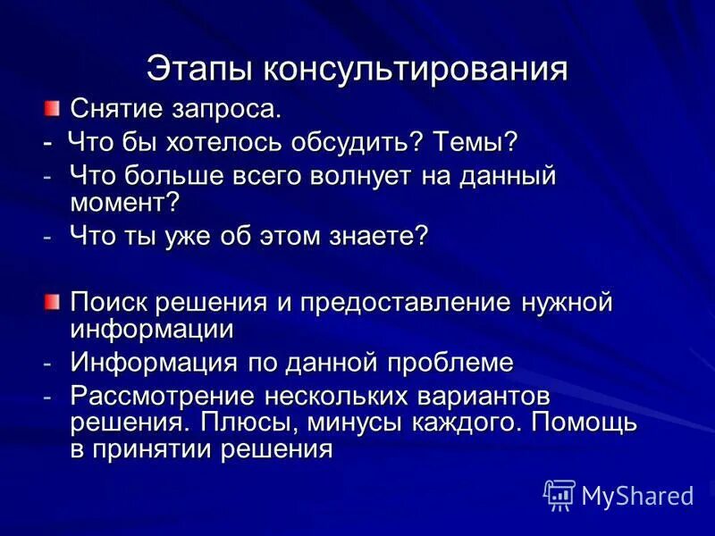 И предоставить нужную информацию. Снятие запроса. Этапы консультирования.