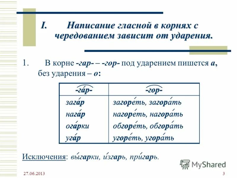 Правописание гласных в корнях гар гор. Правописание гласных в корне гар гор. Правописание гласных в корне с чередованием. Чередование зависит от ударения.