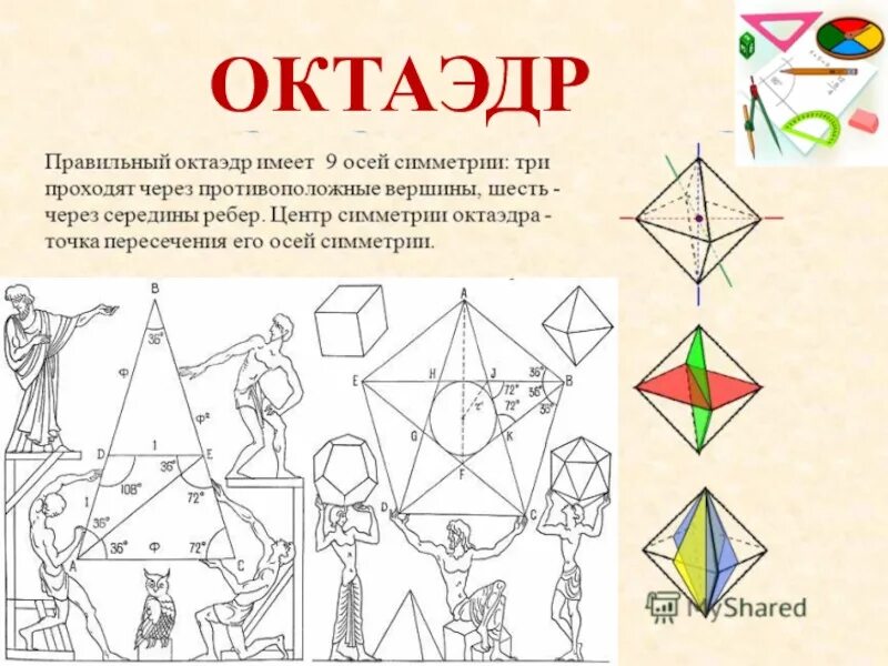 Элементы правильного октаэдра. Центр симметрии правильного октаэдра. Элементы симметрии октаэдра. Оси симметрии октаэдра.