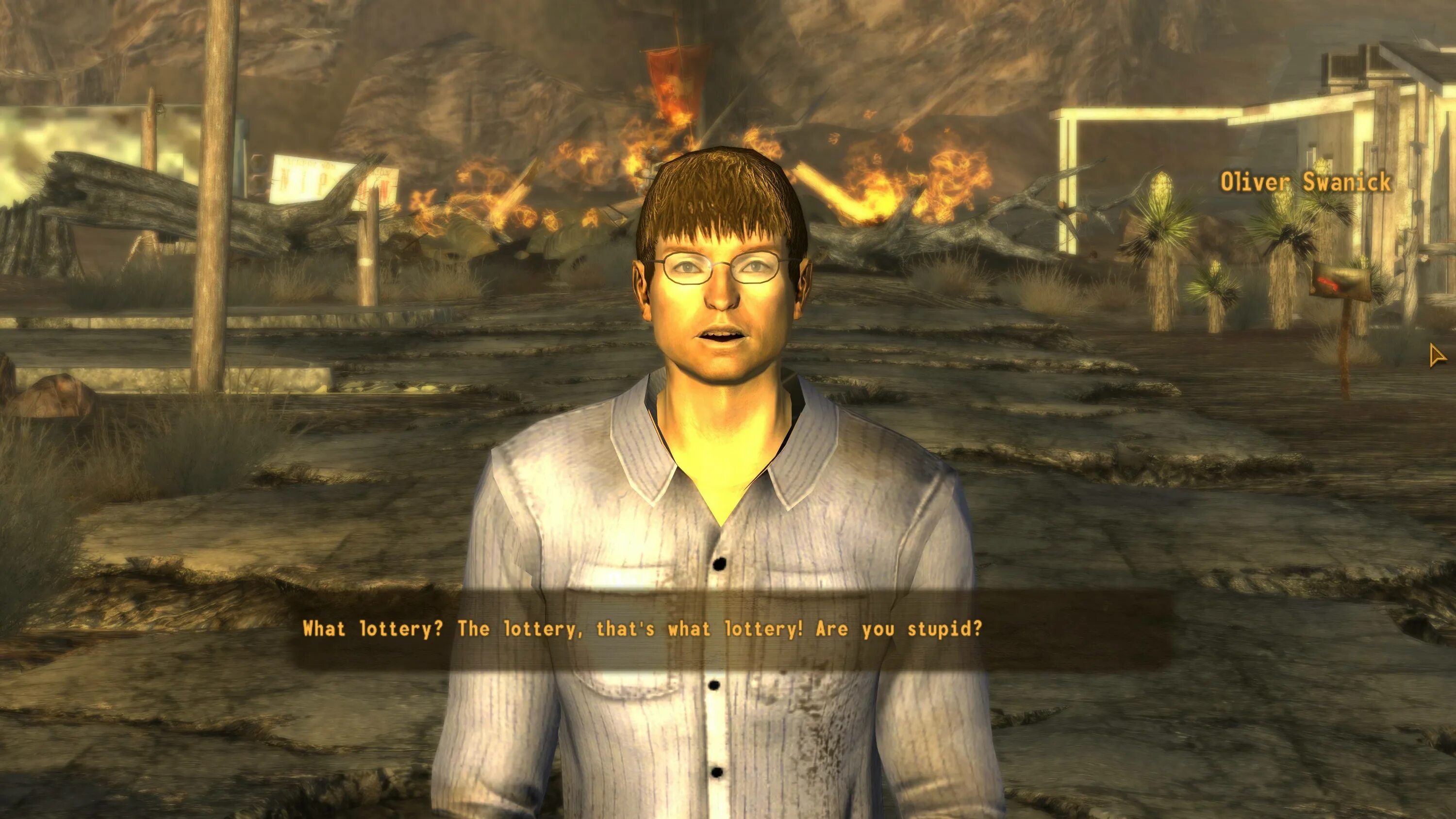 What did he mean. Оливер Суэник. Фоллаут Нью Вегас. Лотерея Нью Вегас. Fallout New Vegas лотерея.