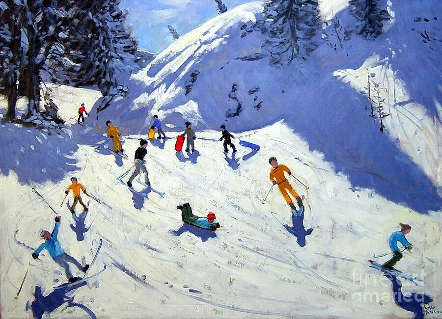 Картина лыжники. Эндрю Макара (Andrew Macara) художник. Andrew Macara британский художник. Зимний спорт в живописи. Лыжники живопись.