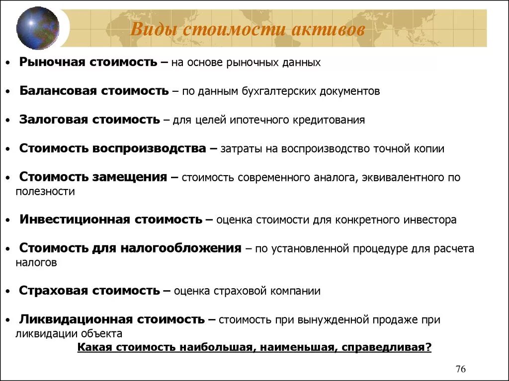 Рыночная оценка активов. Виды стоимости активов. Виды стоимости. Виды рыночной стоимости. Виды стоимости в экономике.