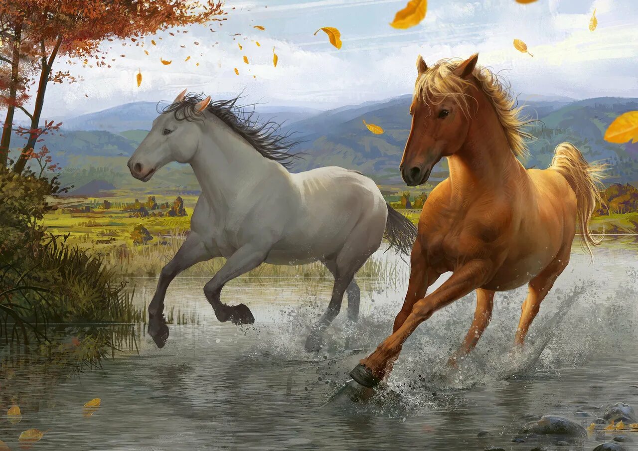 Лошади на природе. Красивые лошади. Лошади в живописи. Красивые пейзажи с животными. Two horse