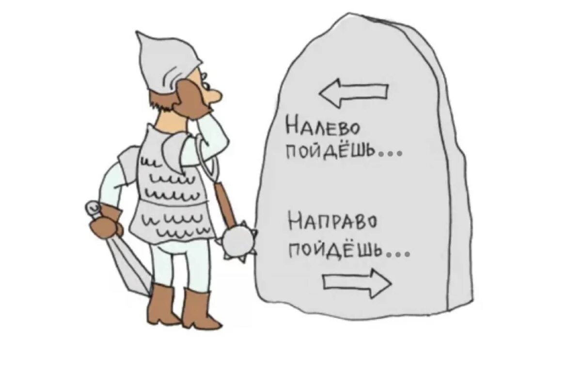 Я пошел вправо. На право пойдешь. Камень указатель. Налево пойдешь. Камень налево пойдешь.