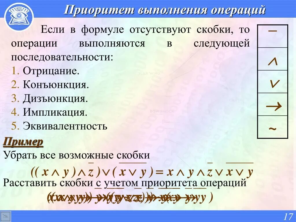 Приоритеты в алгебре логики. Порядок выполнения конъюнкция дизъюнкция. Приоритет конъюнкция дизъюнкция. Приоритет выполнения логических операций.