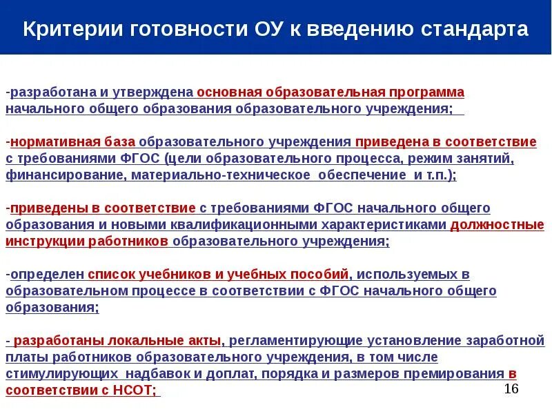 Документы обеспечивающие введение фгос ноо. Критерии образовательных организаций. критерии разработки программ начального общего образования. критерии соответствия программы ооп фгос. критерии разработанной ооп требованиям фгос.